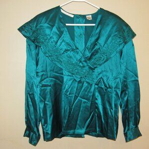 Vtg 80s Paul Alexander Blouses 100% Silk Shiny Teal Embroidered Cutout Shirt 8